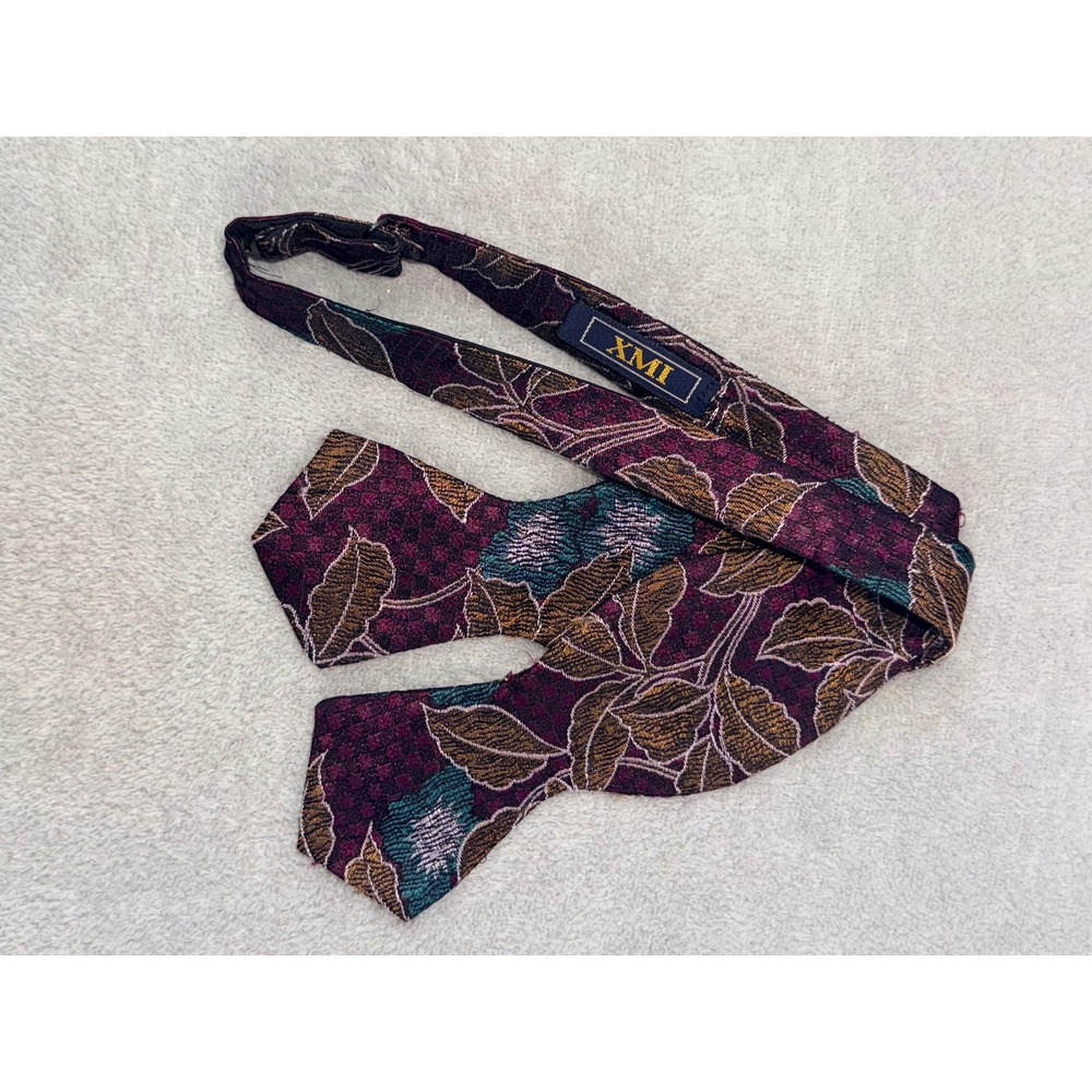 XMI Mens Burgundy Floral Leaf Jacquard Self Tie Bow Tie Adjustable Adjustolox